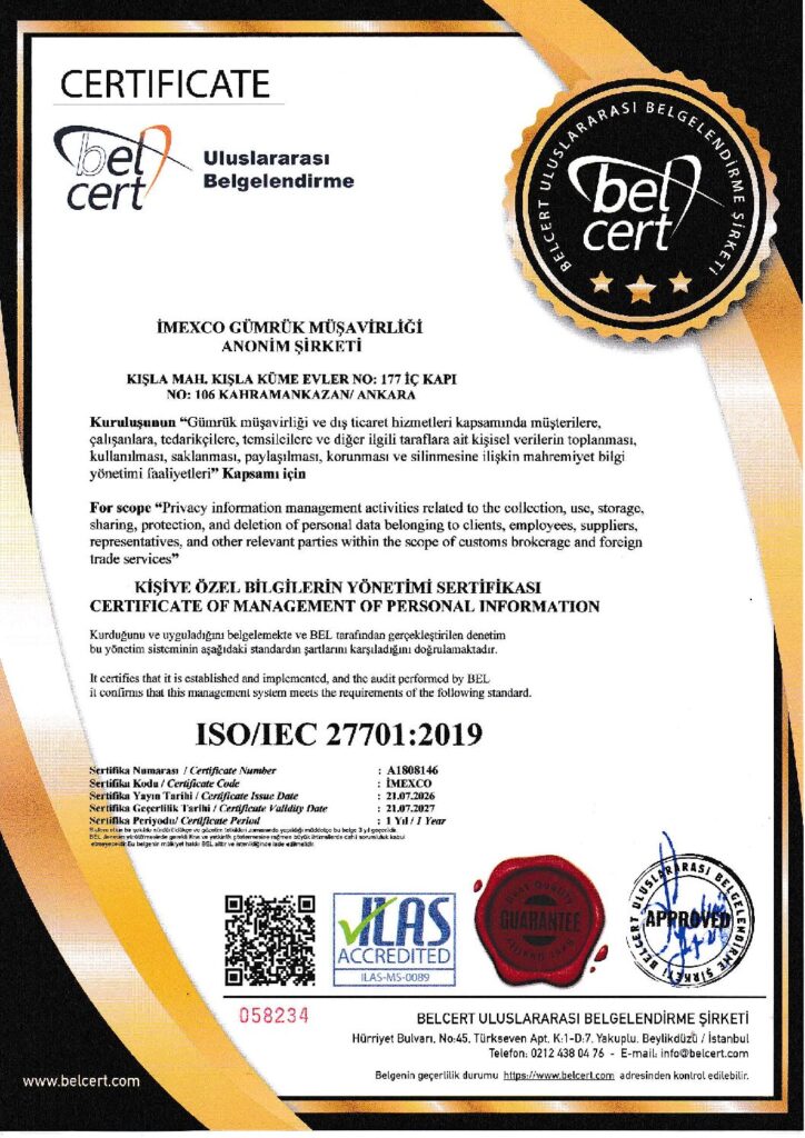 ISO – IEC 27701:2019 – Kişiye Özel Bilgilerin Yönetimi Sertifikası